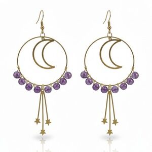 Celestial Moon Star Dangle‎ Earrings Amethyst Beaded Gold Tone Hoop